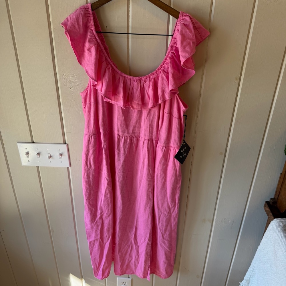 Ava & Viv Beautiful Vibrant Pink Midi Dress w/ Ruffled Neckline, Size XXL, NWT - Picture 2 of 11